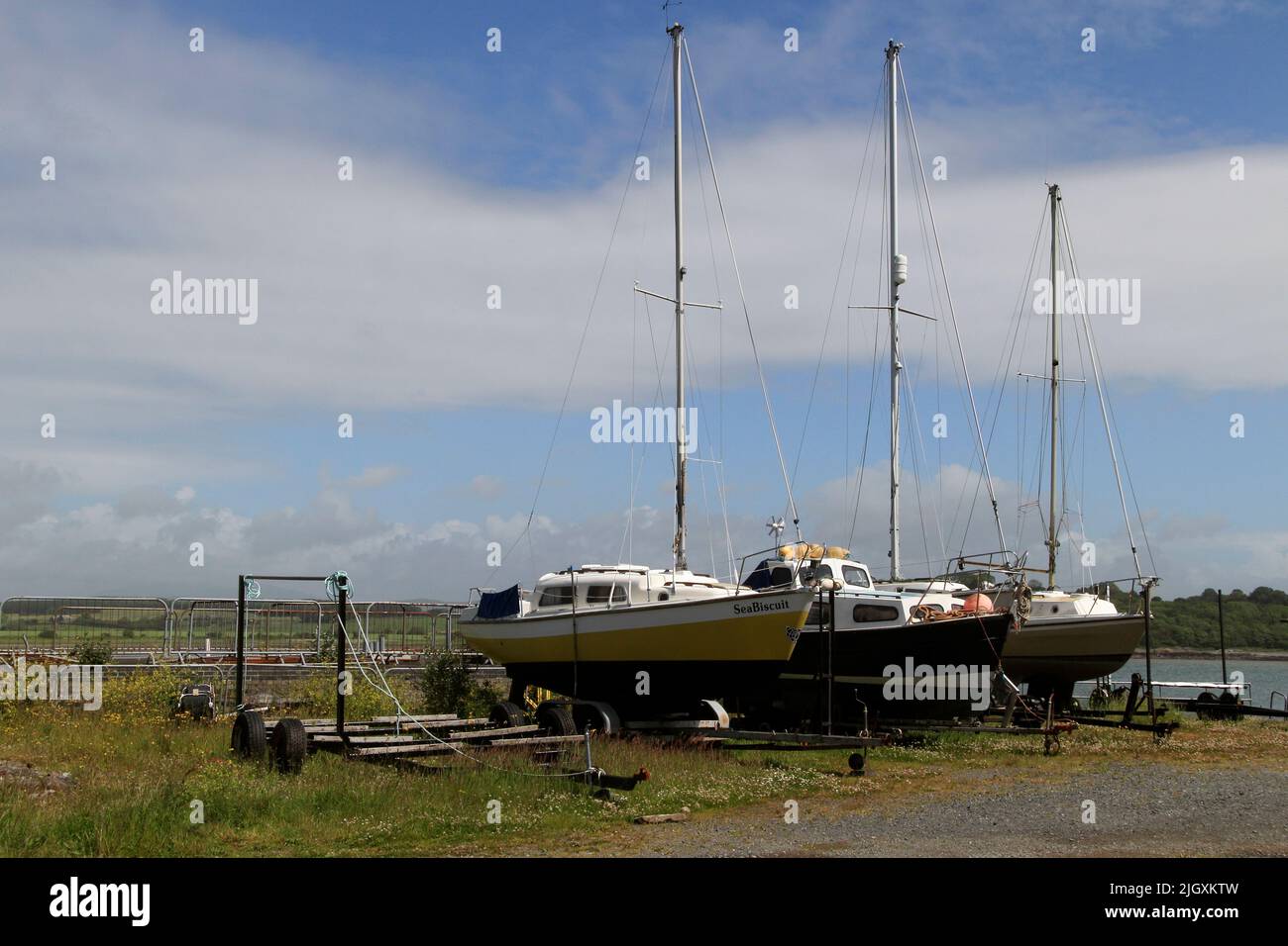 Yachts on dry land, Garlieston Harbour, Garlieston, Dumfries & Galloway, Scotland, UK Stock Photo