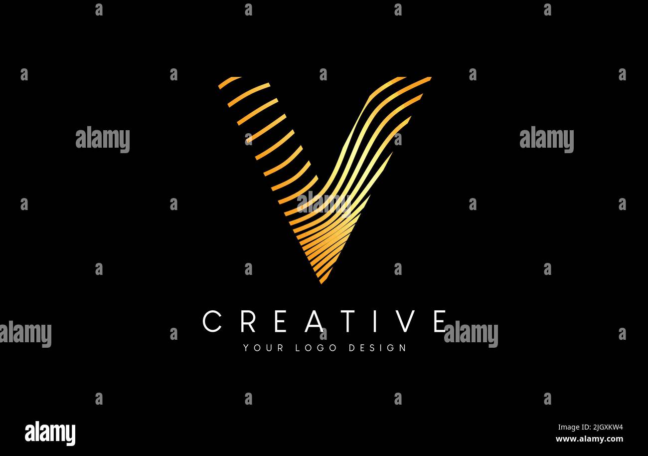 Warp Zebra Lines Letter V logo Design with Golden Lines and Creative ...