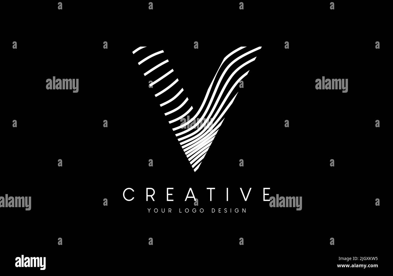 Warp Zebra Lines Letter V logo Design with Black and White Lines and ...