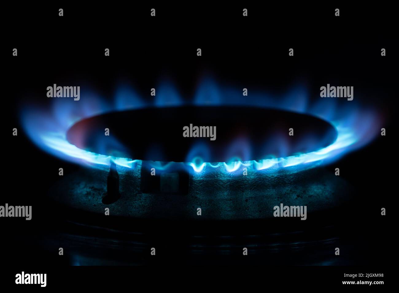 Gas Hob ring or burner with blue flame emissions. Concepts of energy, bills, heating, cooking, fossil fuels, winter Stock Photo