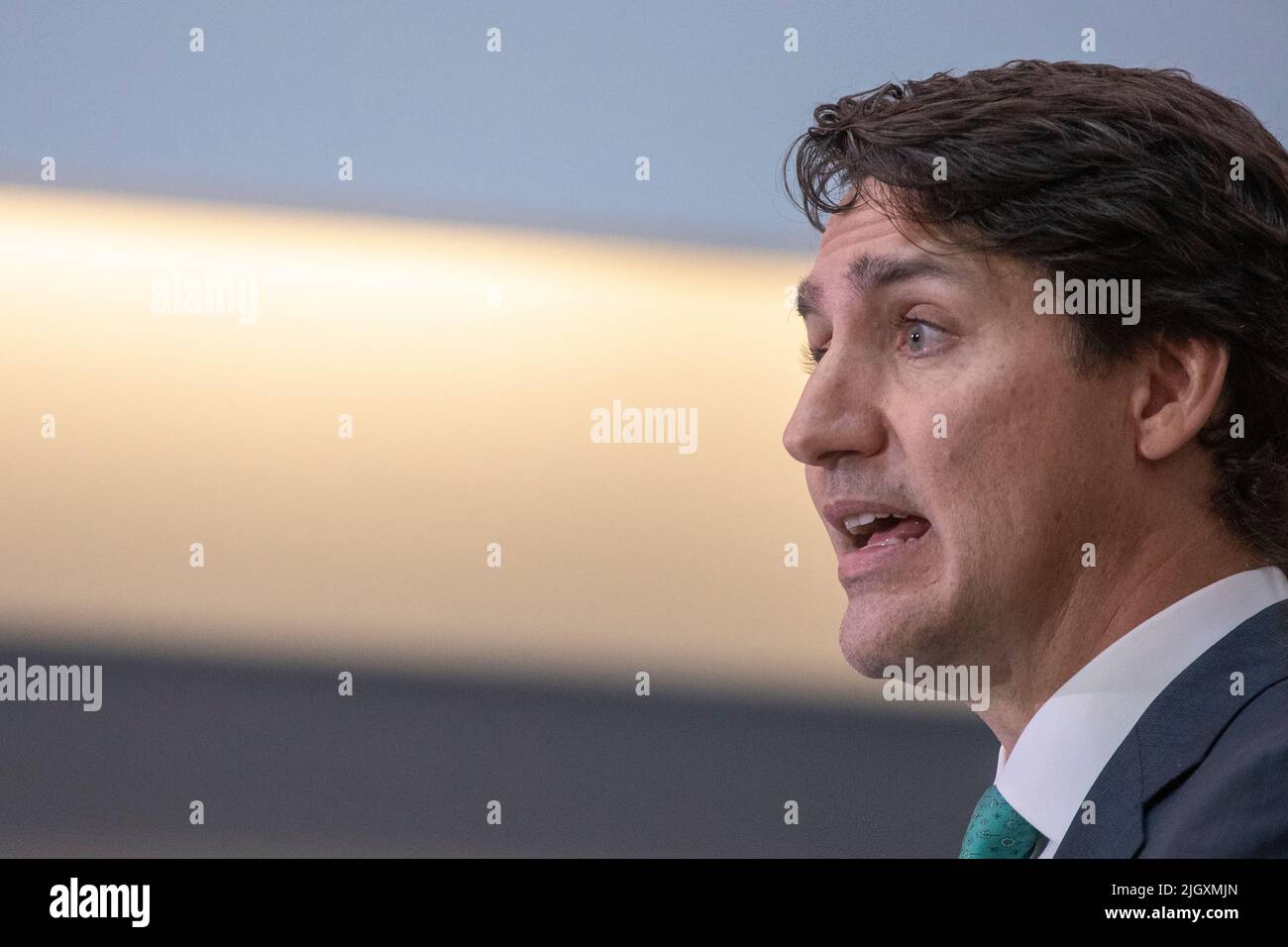Prime Minister Justin Trudeau speaks during an electric battery