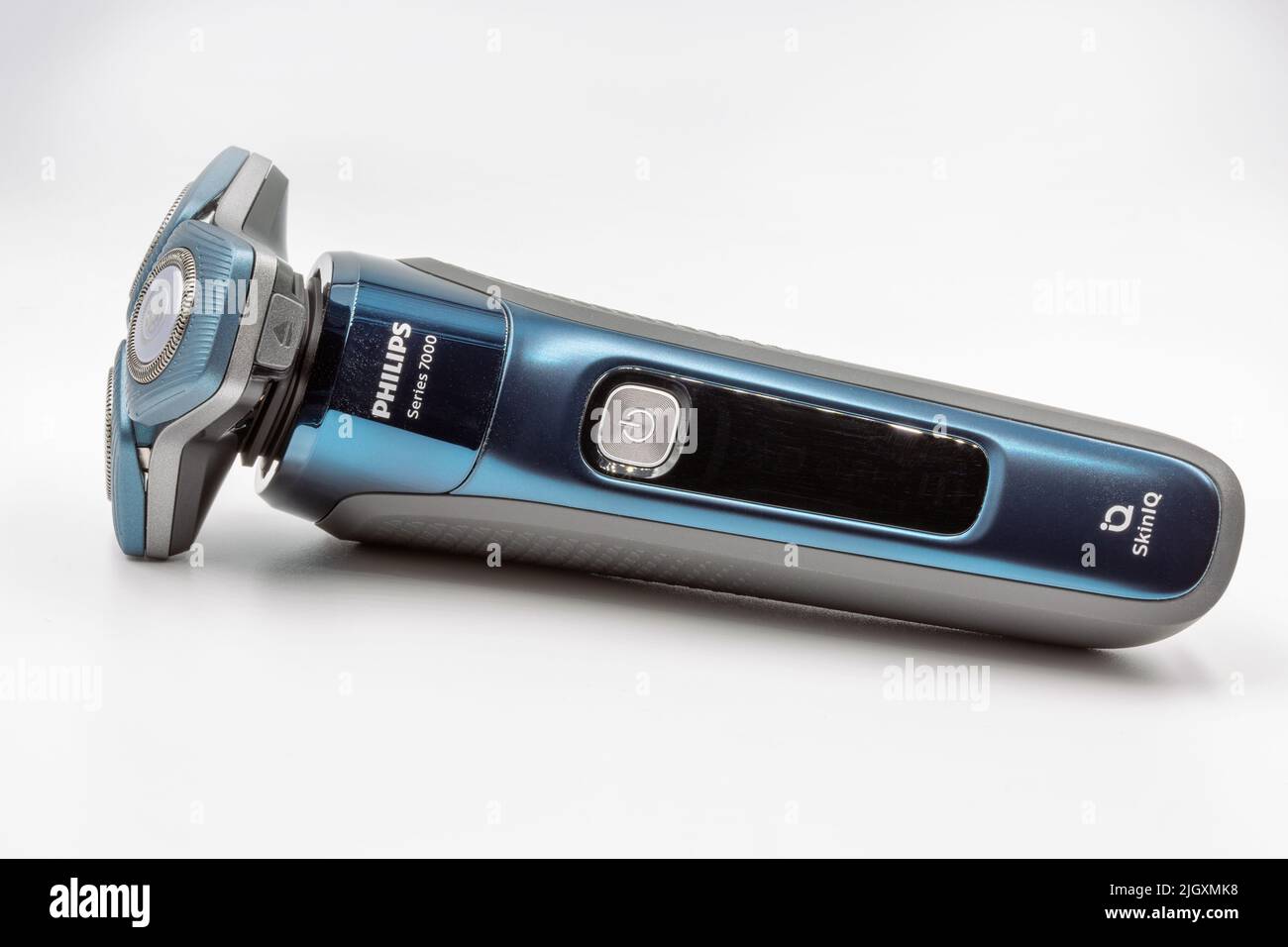 Kyiv, Ukraine - April 03, 2021: Studio shot of modern Philips electric shaver 7000 series closeup against white. Philips is a Dutch multinational cong Stock Photo