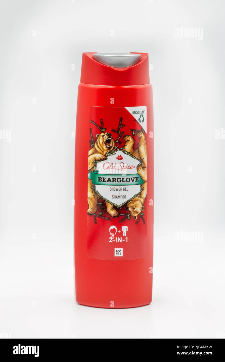 Kyiv, Ukraine - April 24, 2021: Old Spice Bearglove shower gel and shampoo closeup against white. It is an American brand of male grooming products ma Stock Photo