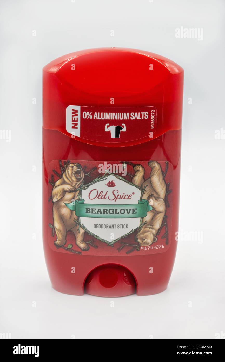 Kyiv, Ukraine - April 24, 2021: Old Spice Bearglove deodorant stick closeup. It is an American brand of male grooming products manufactured by Procter Stock Photo