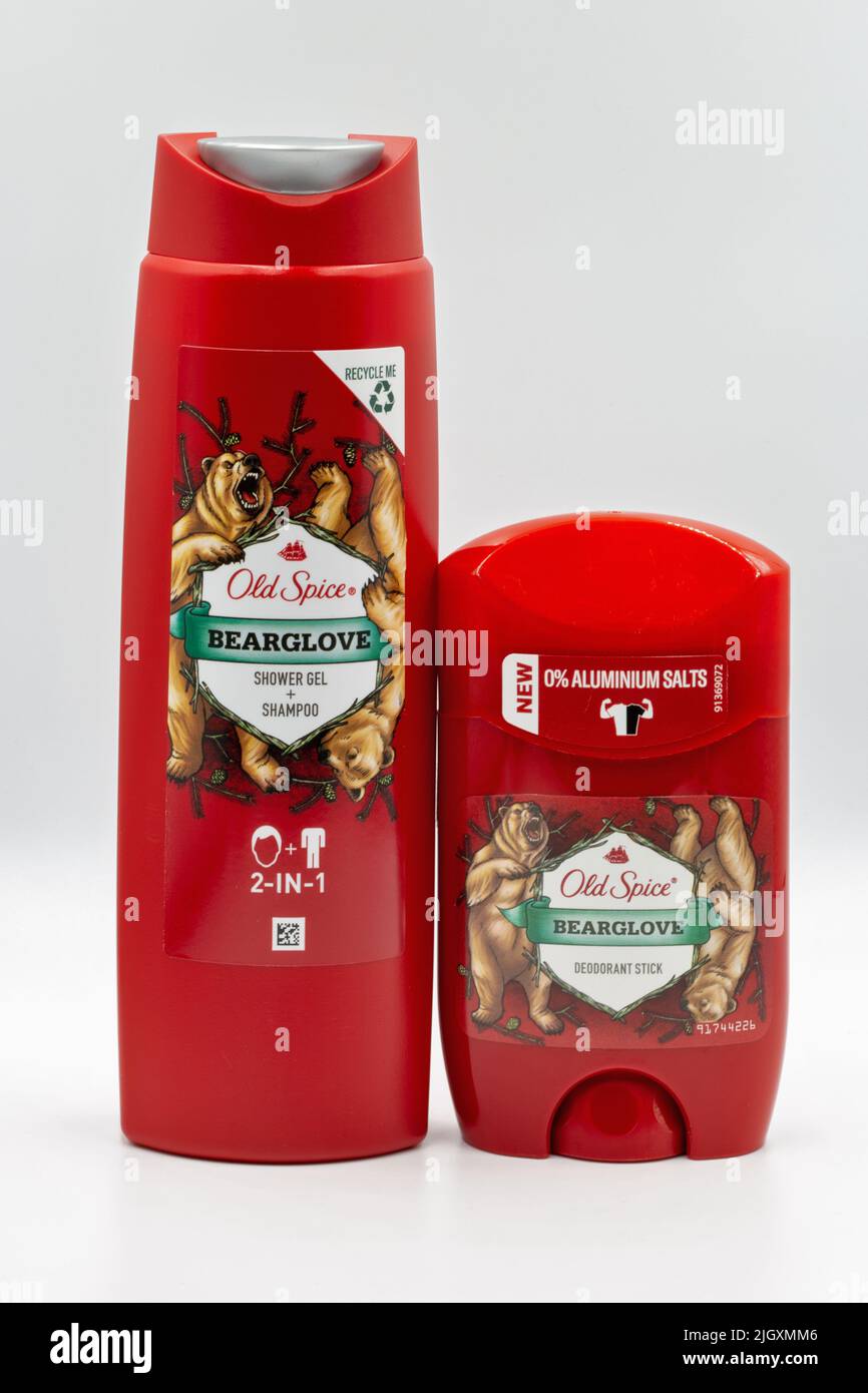 Kyiv, Ukraine - April 24, 2021: Old Spice Bearglove shower gel, shampoo and deodorant stick closeup. It is an American brand of male grooming products Stock Photo