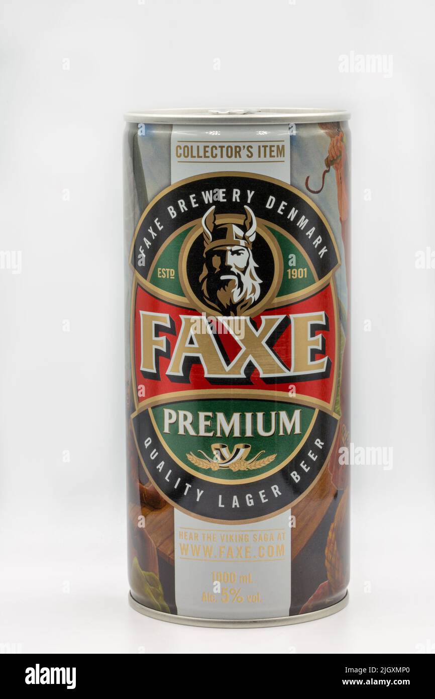 Kyiv, Ukraine - April 24, 2021: Faxe Premium Danish Collectors Item pilsner beer can closeup against white bacground. Faxe or Fakse is a town on the i Stock Photo