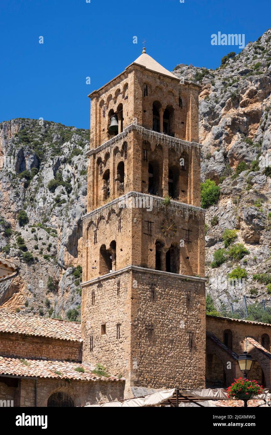 Bell tower of Moustiers-Sainte-Marie, french village in Provence. Stock Photo