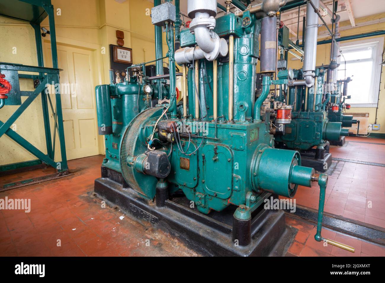 Three Kelvin Diesel model K2 engines with Alley & Maclellan air compressors for operating a lighthouse foghorn. Ardnamurchan, Scotland, UK Stock Photo