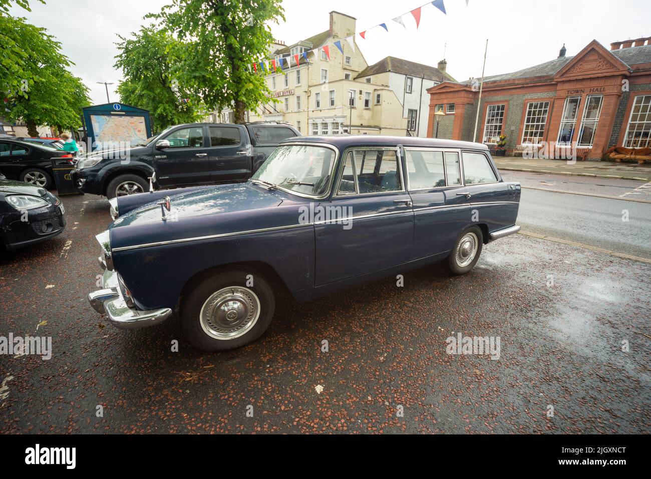 Blue Morris Oxford car for sale, parked on High Street, Moffat, Scotland, UK Stock Photo