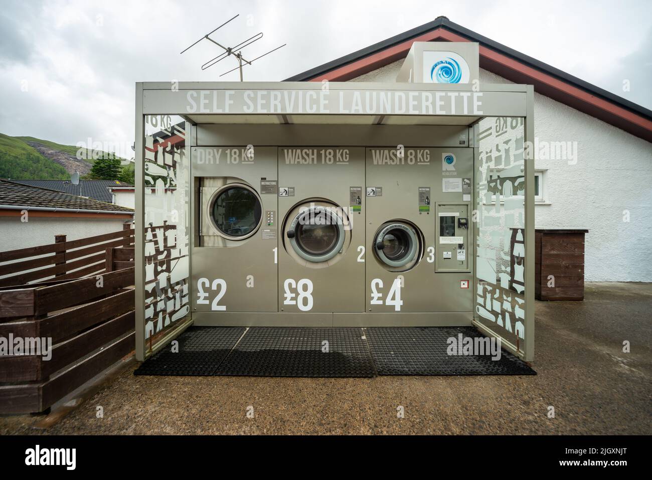 Self service launderette, The Green Welly Stop, Tyndrum, Scotland, UK Stock Photo