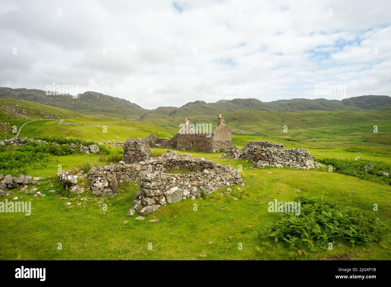 Glendrian, a crofting township abandoned in 1941, Ardnamurchan, Scotland, UK. The most recently inhabited house with its byres and outbuildings Stock Photo