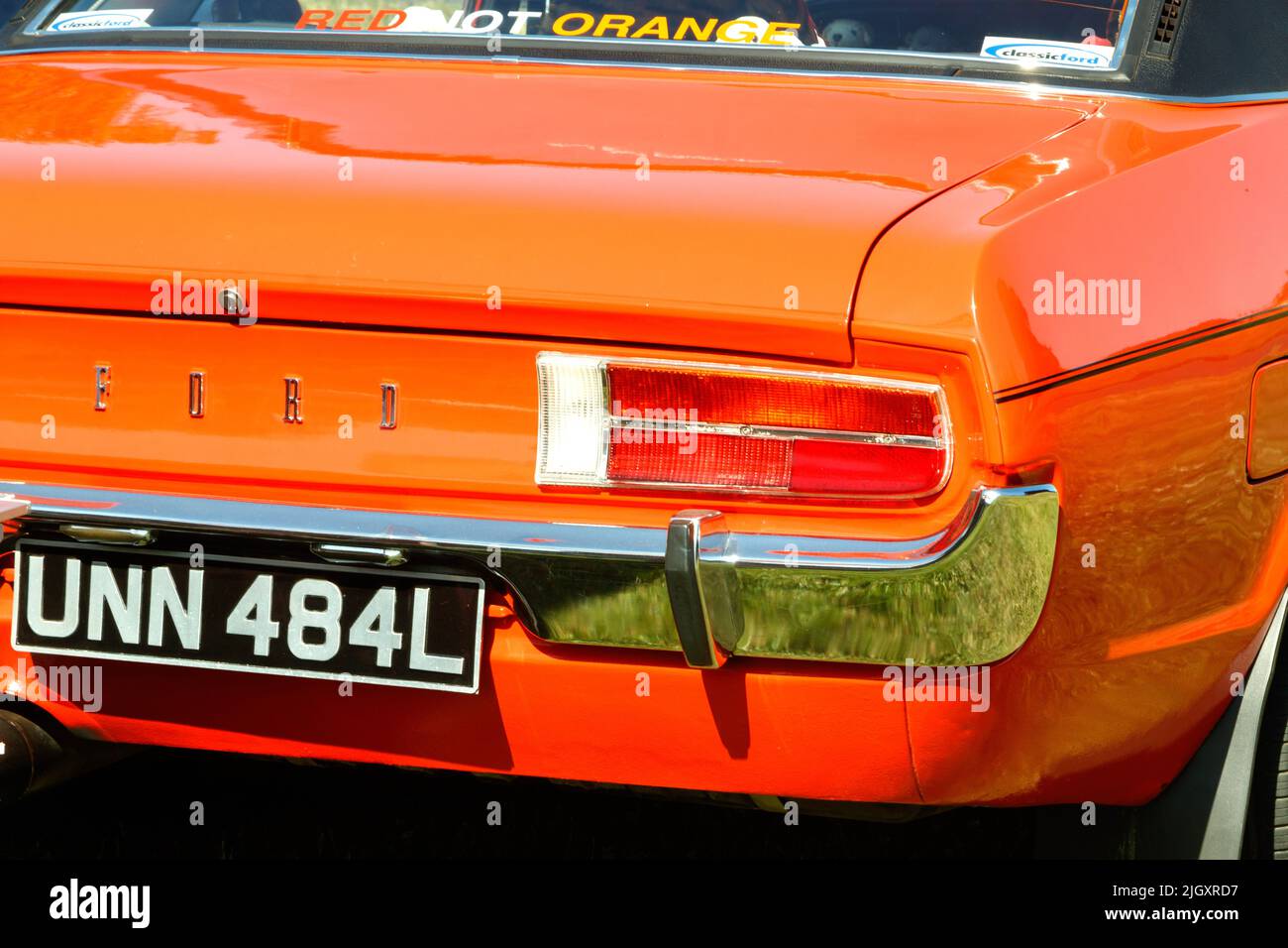 close up of rear of red Ford Consul boot with chrome badges Stock Photo ...