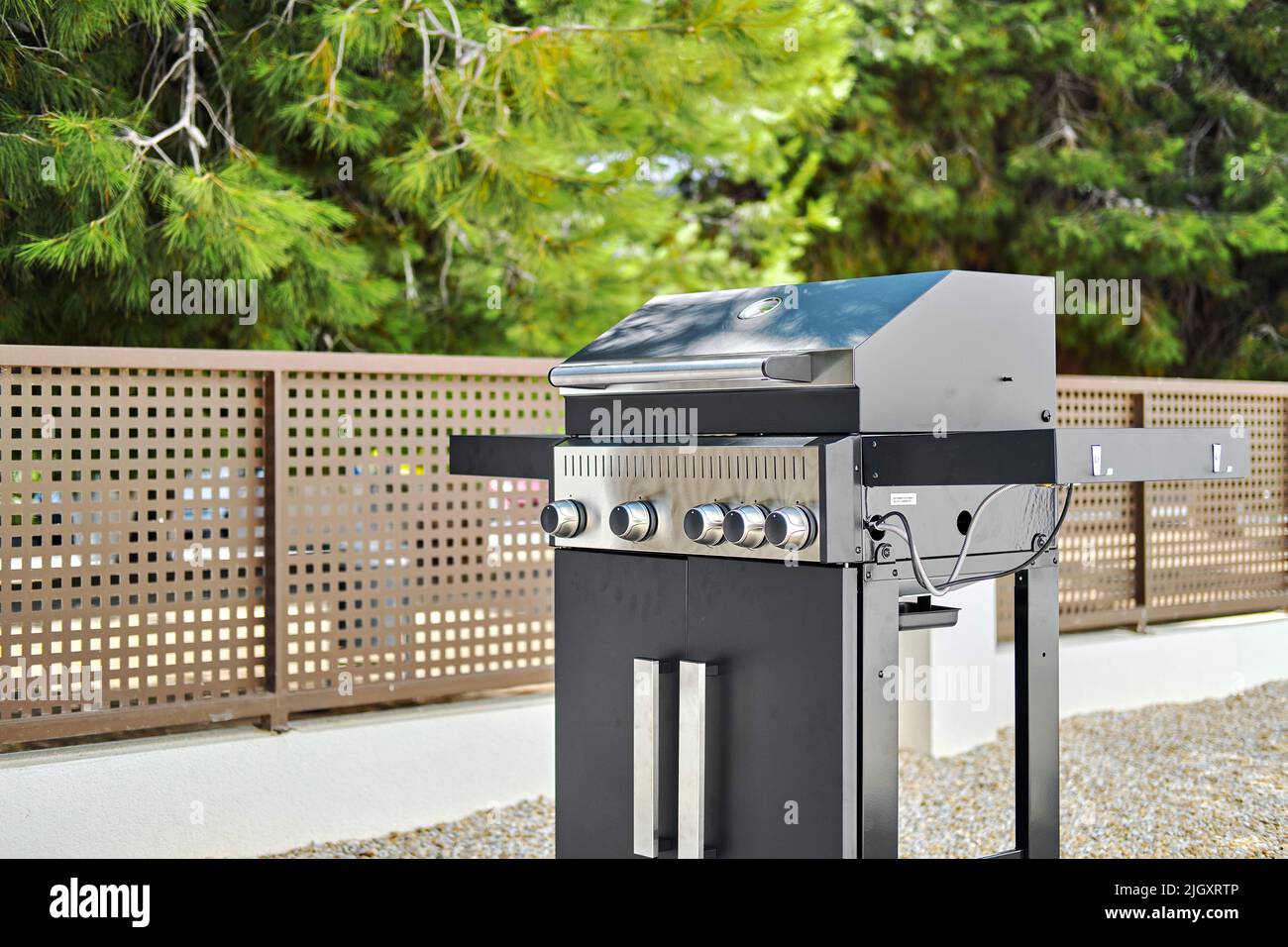 Stainless steel gas grill bbq barbecue in backyard of private residential home. Cooking meat, fish, vegetables in summertime gatherings, no people Stock Photo