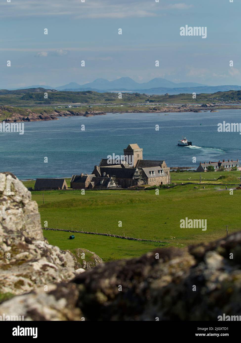Iona Abbey from hill Dun I, Isle of Iona Stock Photo
