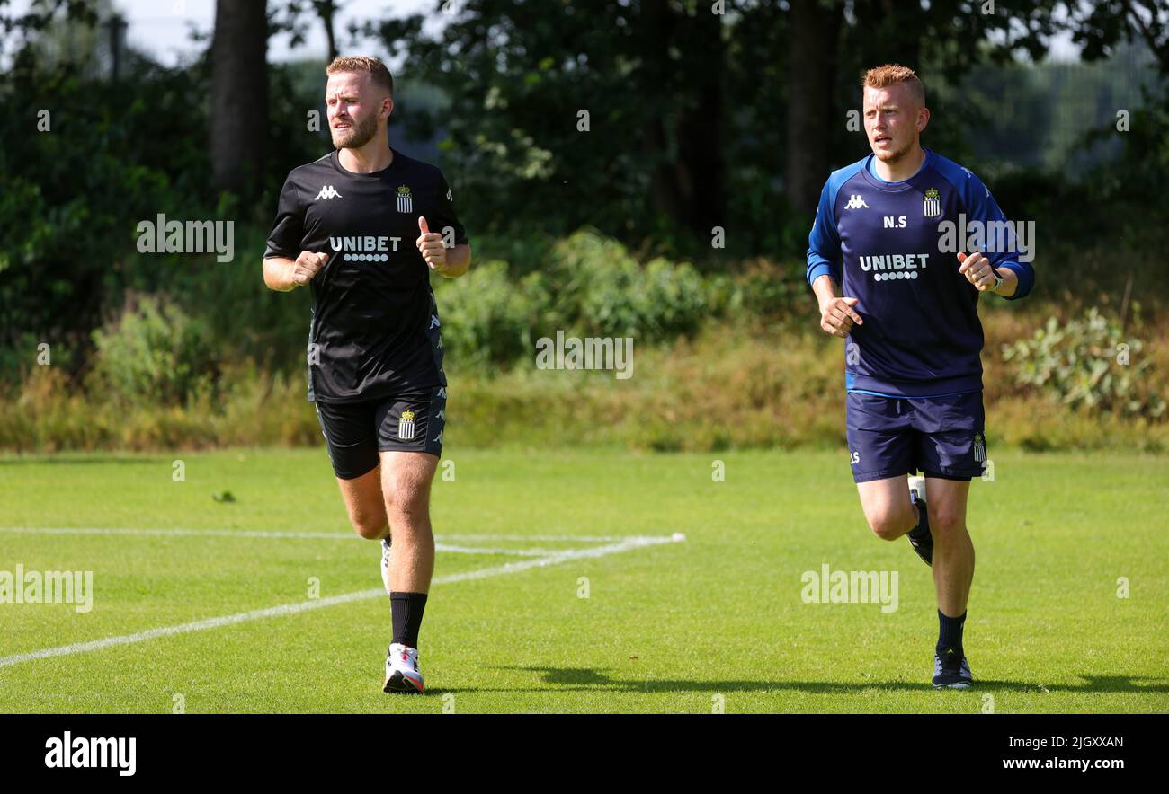 Garderen, The Netherlands. 13 July 2022, Charleroi's new player Jonas Bager  and Charleroi's video analyst Nicolas Still pictured during a training  session of Belgian first division soccer team Sporting Charleroi ahead of