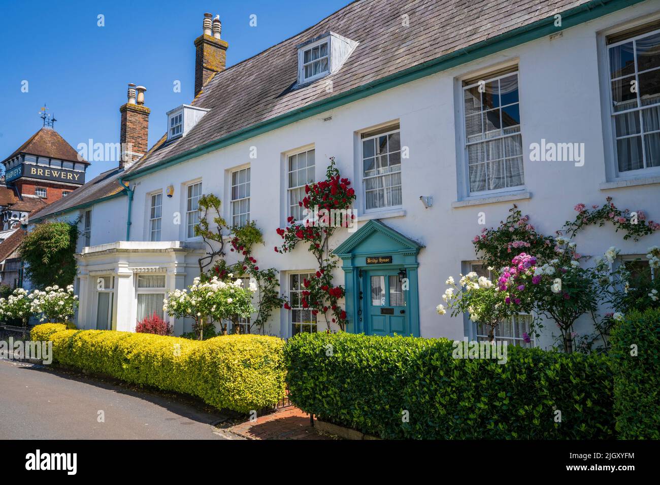 Traditional Cottages and The Harveys Brewery Building, Lewes, East Sussex, UK Stock Photo