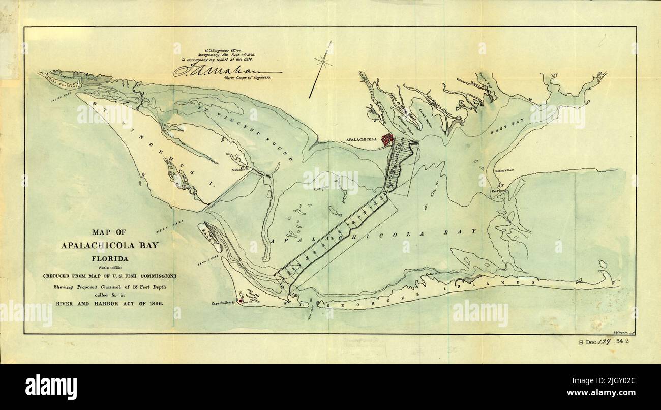 Map of Apalachicola Bay Florida, 1896, by T. A. Mahan Stock Photo