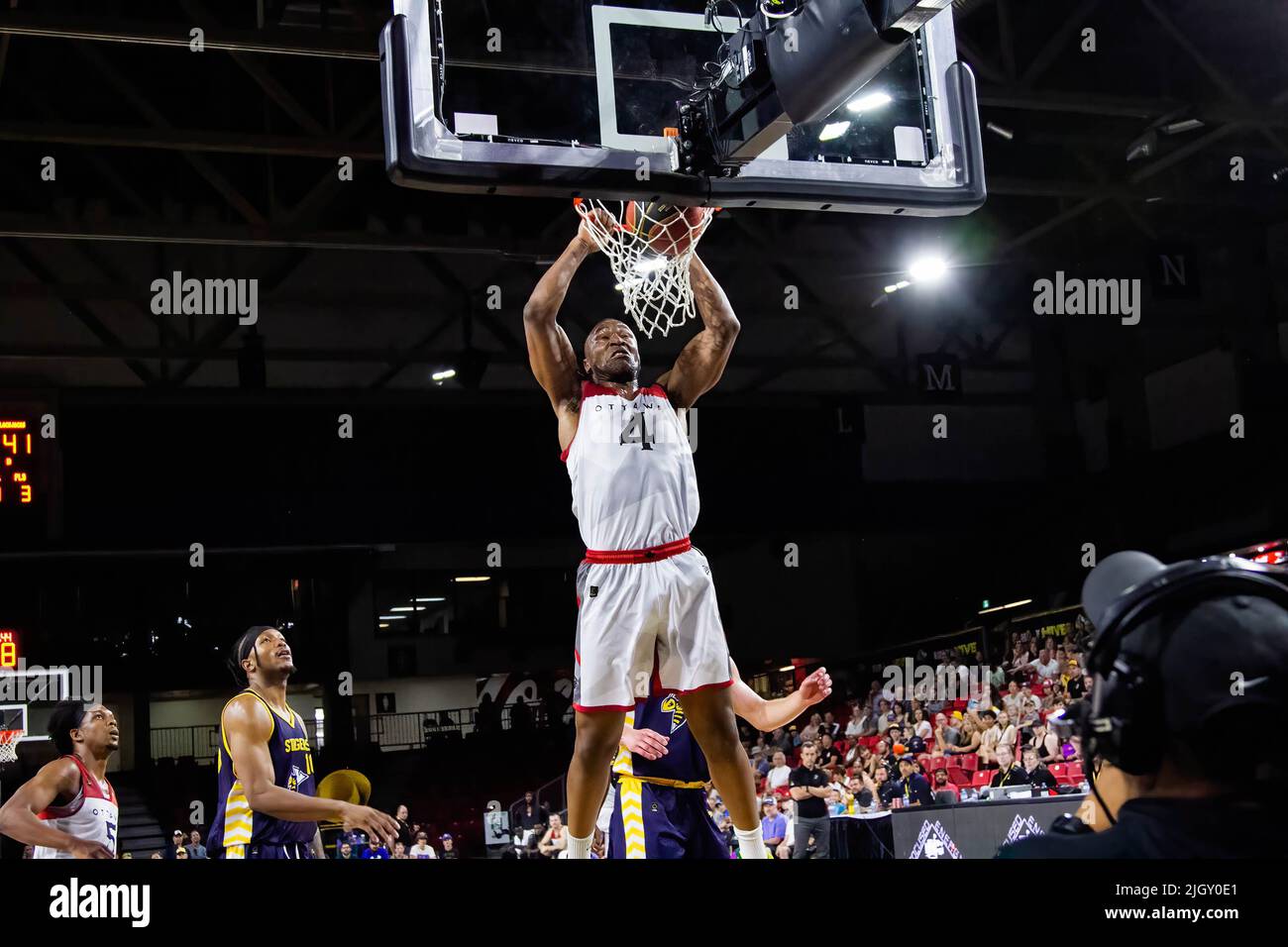 Edmonton, Canada. 12th July, 2022. Ottawa's #4 Zena Edosomwan (forward) during the Edmonton Stingers defeat of the Ottawa Black Jacks in Canadian Elite Basketball Action with a historic victory in Edmonton Expo Centre. Edmonton Stingers 96-88 Ottawa Black Jacks. Credit: SOPA Images Limited/Alamy Live News Stock Photo