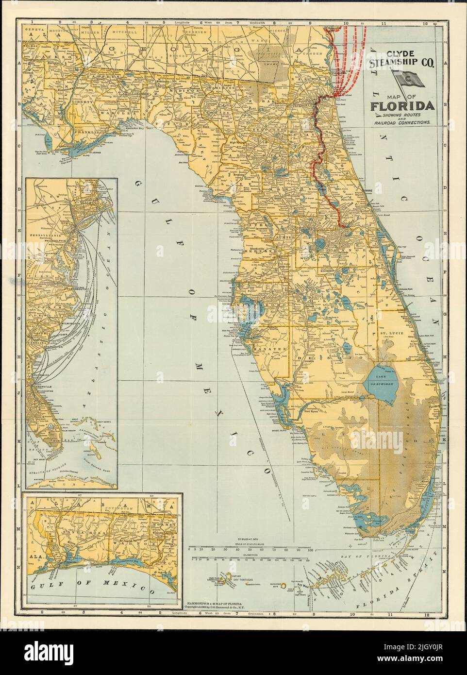 Clyde Steamship Company Map of Florida, Showing Routes and Railroad