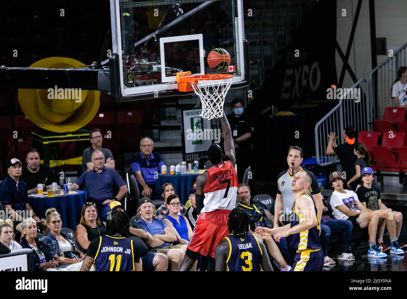 Edmonton, Canada. 12th July, 2022. Ottawa's #7 Deng Adel (forward) during the Edmonton Stingers defeat of the Ottawa Black Jacks in Canadian Elite Basketball Action with a historic victory in Edmonton Expo Centre. Edmonton Stingers 96-88 Ottawa Black Jacks. (Photo by Ron Palmer/SOPA Images/Sipa USA) Credit: Sipa USA/Alamy Live News Stock Photo