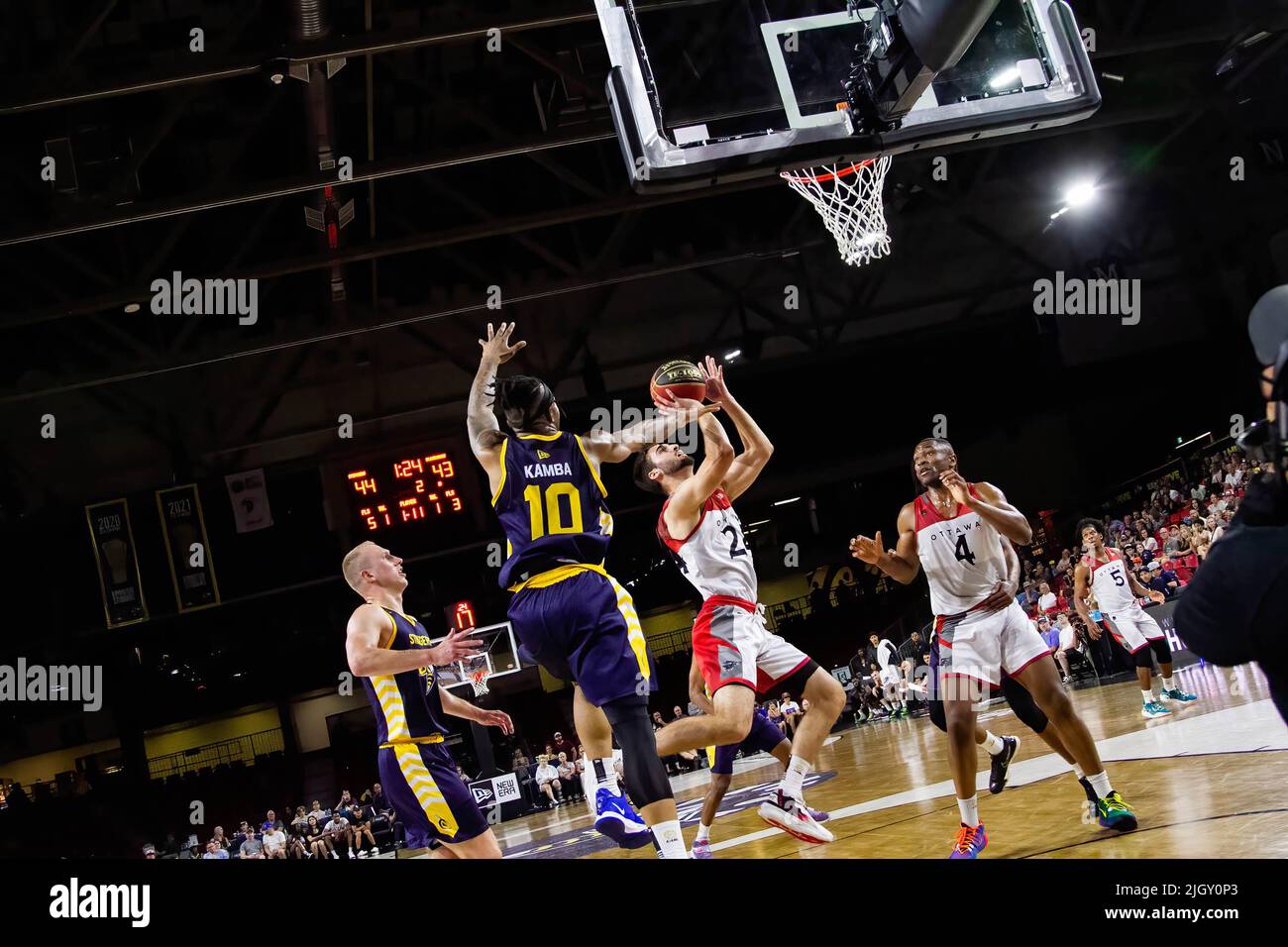 Edmonton, Canada. 12th July, 2022. Ottawa's #24 Guillaume Pepin drive for the net during the Edmonton Stingers defeat of the Ottawa Black Jacks in Canadian Elite Basketball Action with a historic victory in Edmonton Expo Centre. Edmonton Stingers 96-88 Ottawa Black Jacks. (Photo by Ron Palmer/SOPA Images/Sipa USA) Credit: Sipa USA/Alamy Live News Stock Photo