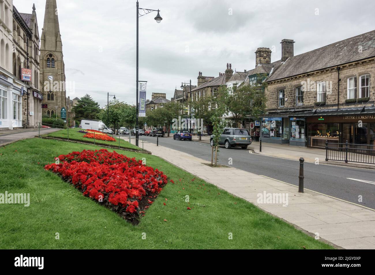 General view along The Grv in the centre of Ilkley, a spa town and civil parish in the City of Bradford in West Yorkshire, UK. Stock Photo