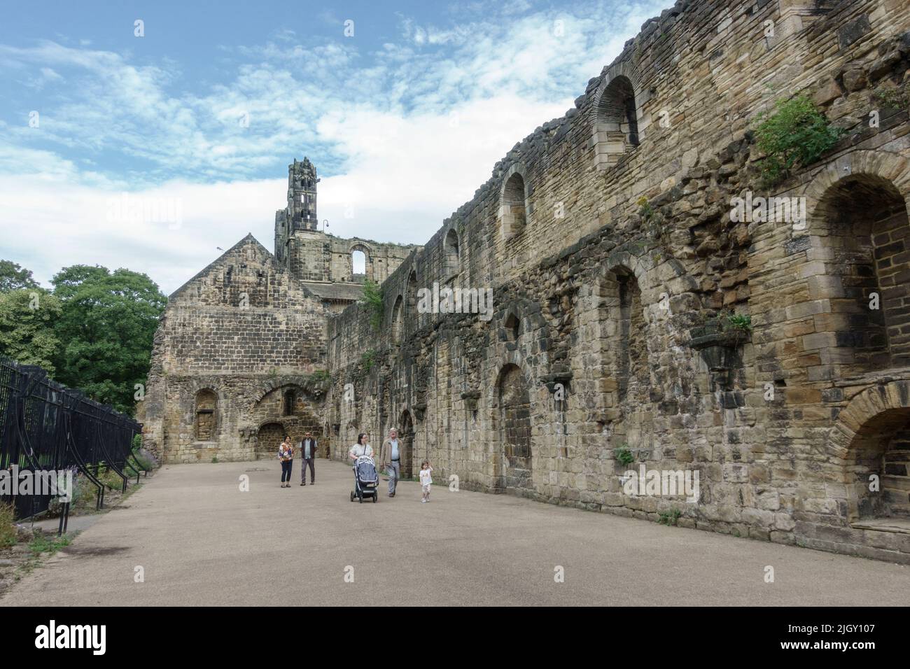 Lay brothers' dormitory in Kirkstall Abbey, a ruined Cistercian monastery in Kirkstall, north-west of Leeds, West Yorkshire, England. Stock Photo