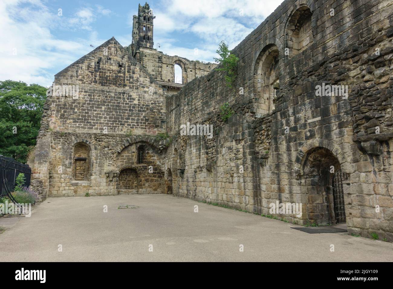 Lay brothers' dormitory in Kirkstall Abbey, a ruined Cistercian monastery in Kirkstall, north-west of Leeds, West Yorkshire, England. Stock Photo