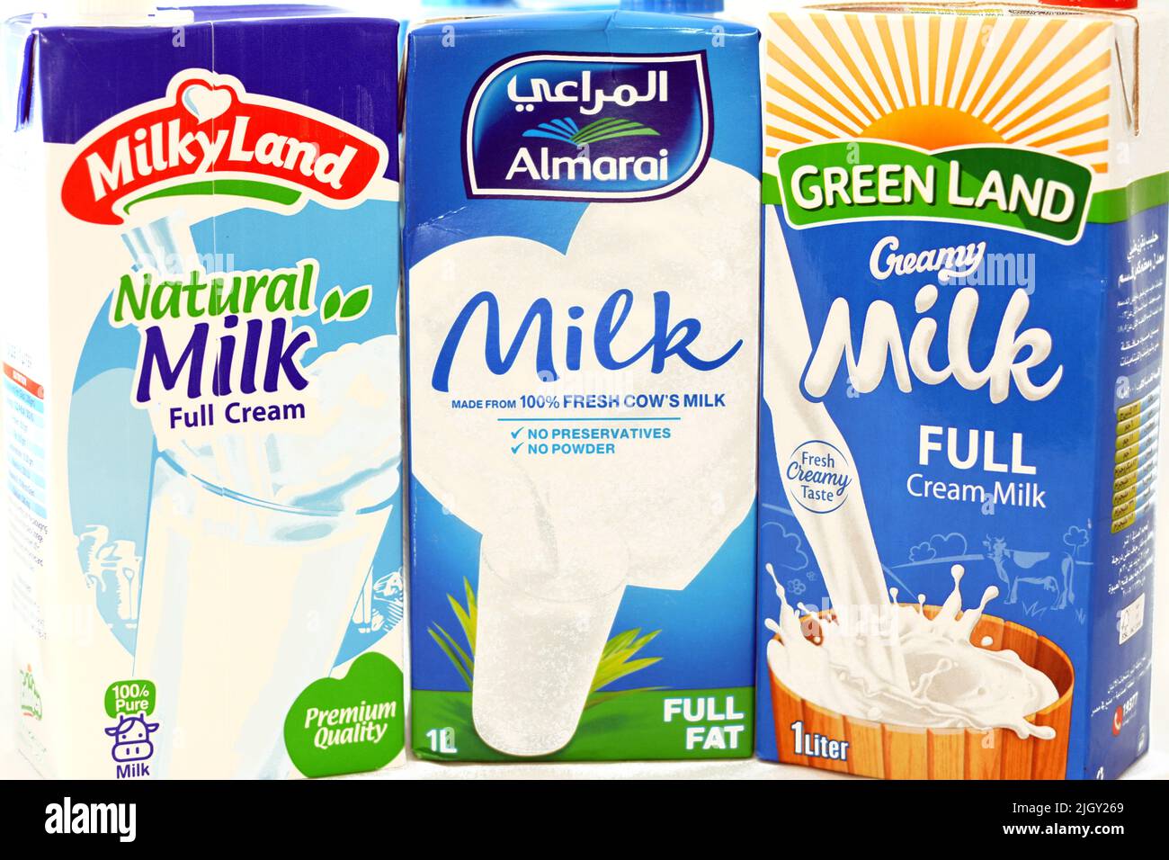 Cairo, Egypt, May 24 2022 Almarai, Green Land and MilkyLand full fat