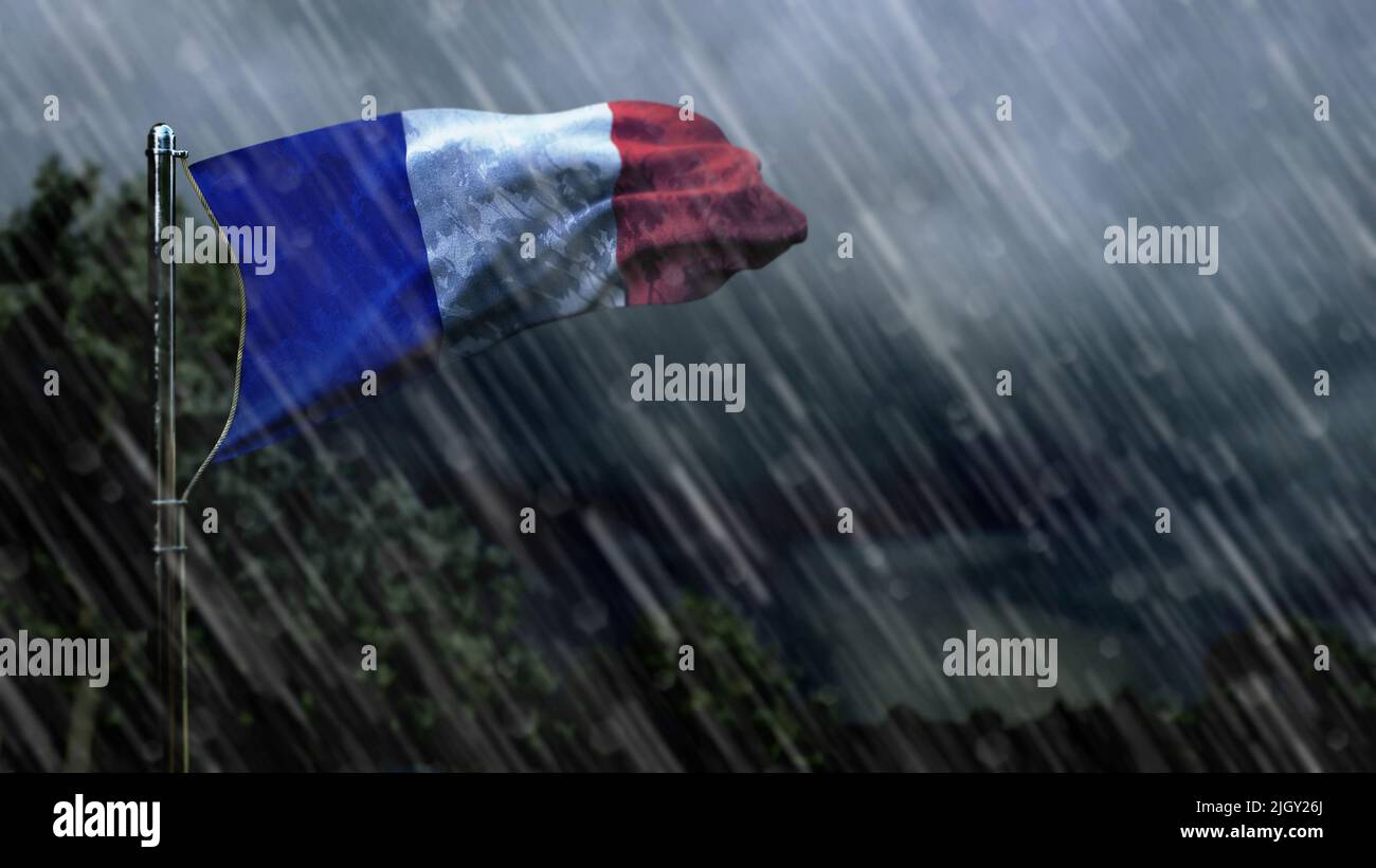 flag of France with rain and dark clouds, hail rain forecast symbol ...