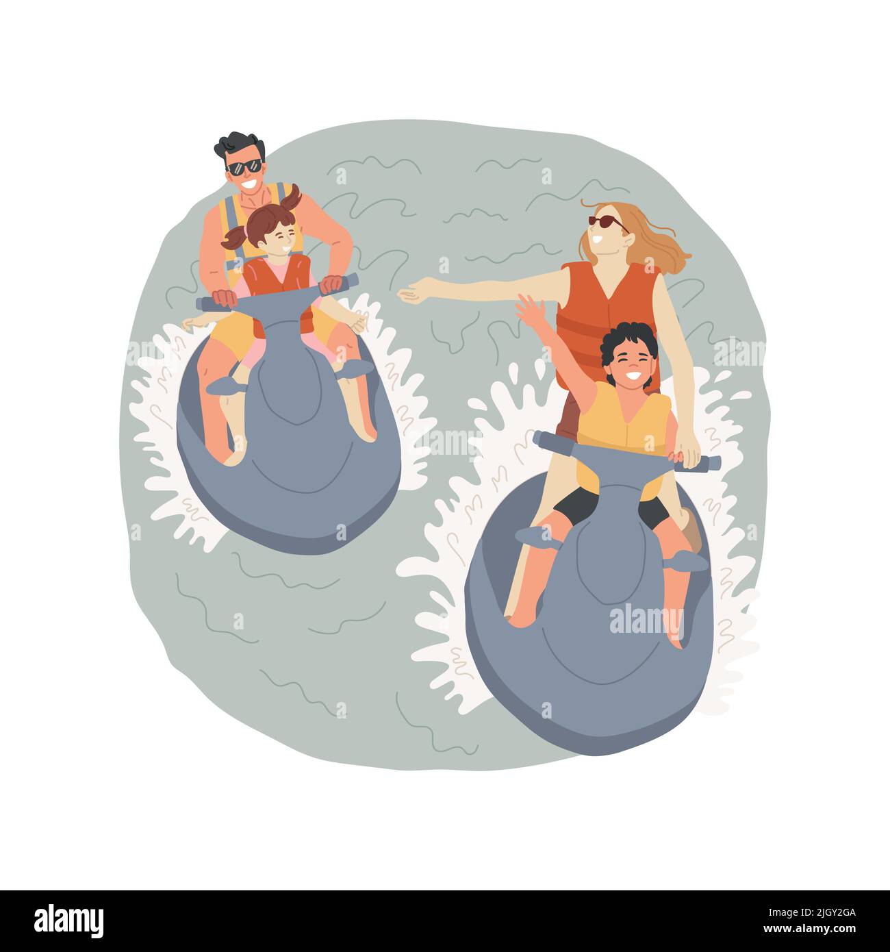 Jet ski isolated cartoon vector illustration. Family members on two jet ski, kid waving hand, enjoying the ride, carribean style, summer recreational activity, seaside resort vector cartoon. Stock Vector