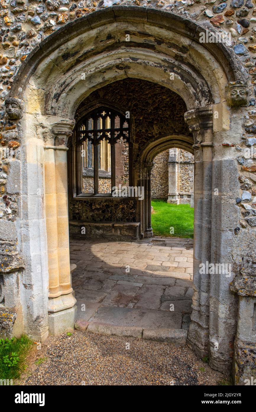 A porch at Thaxted Parish Church in the beautiful town of Thaxted in Essex, UK. Stock Photo