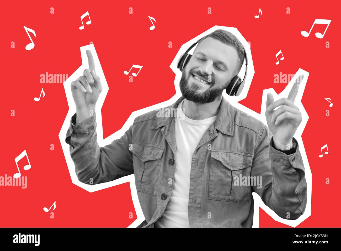 Joyful bearded man using wireless headset, collage Stock Photo