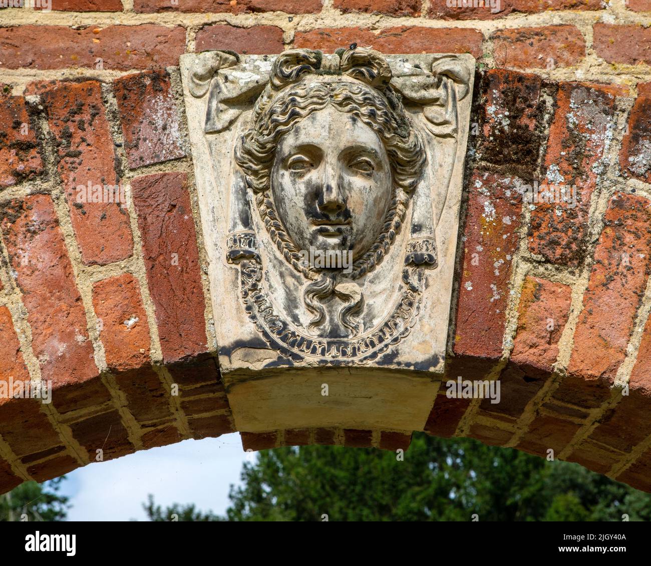 Close-up of a beautiful sculptured detail in Bridge End Garden in  the picturesque town of Saffron Walden, Essex, UK. Stock Photo