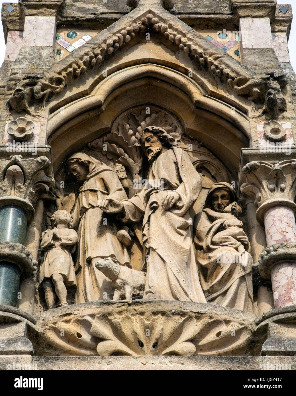 A sculptural detail of the historic Market Cross, located on Market Square in the historic market town of Saffron Walden, Essex, UK. Stock Photo
