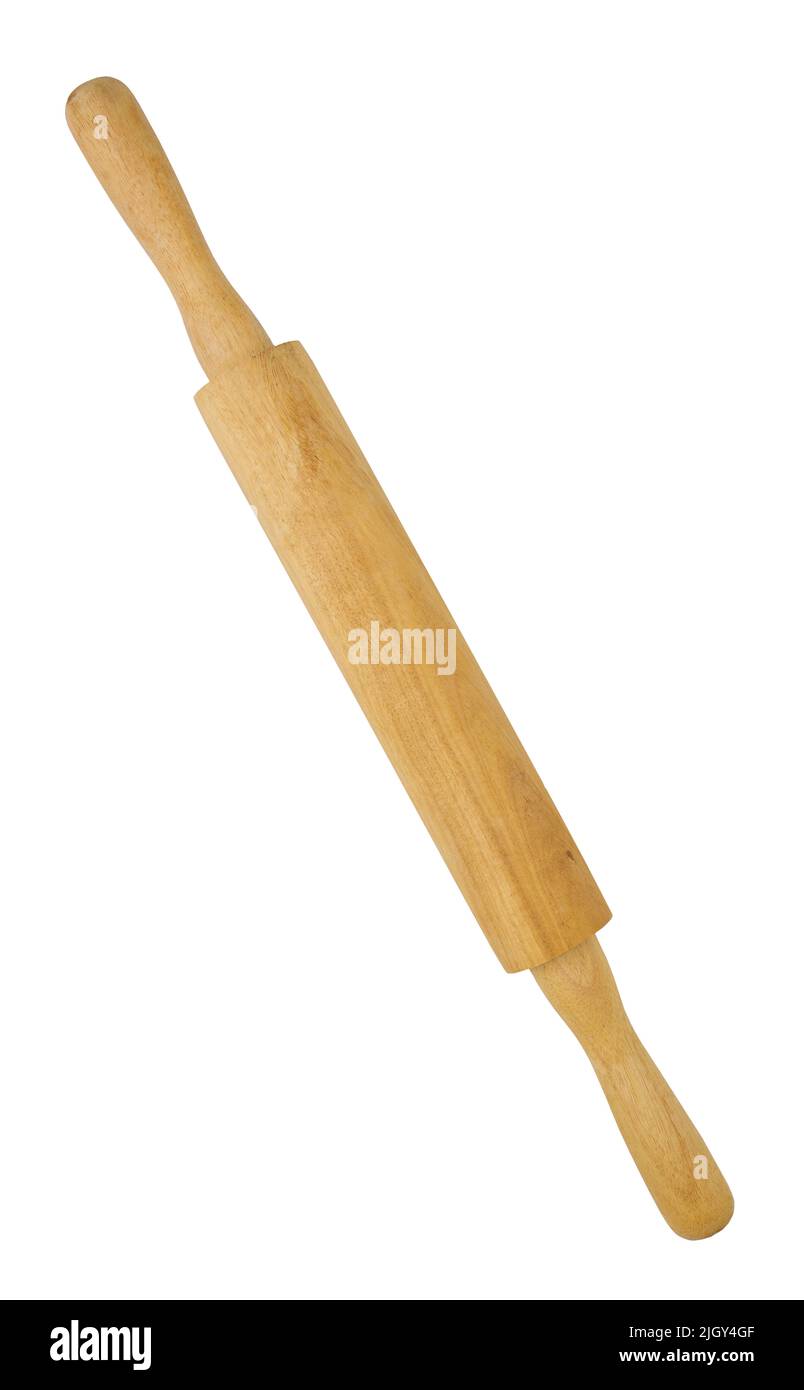 Wooden bamboo rolling pin isolated on white background close up Stock Photo