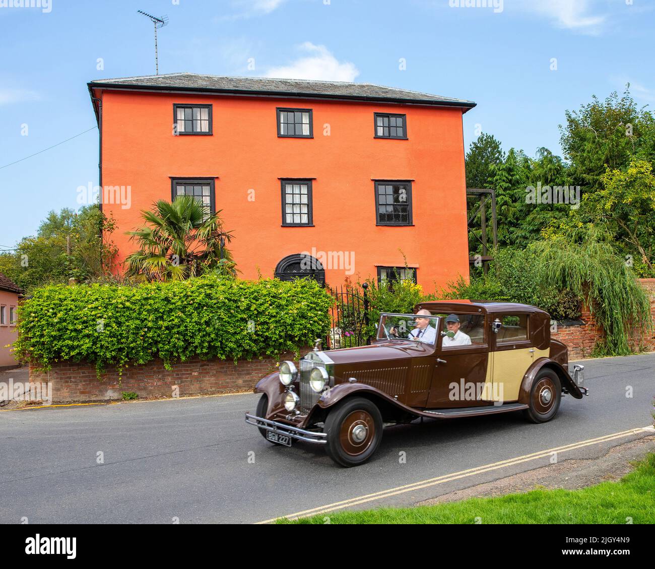 Essex, UK - September 6th 2021: A vintage car travelling through the beautiful village of Finchingfield in Essex, UK. Stock Photo