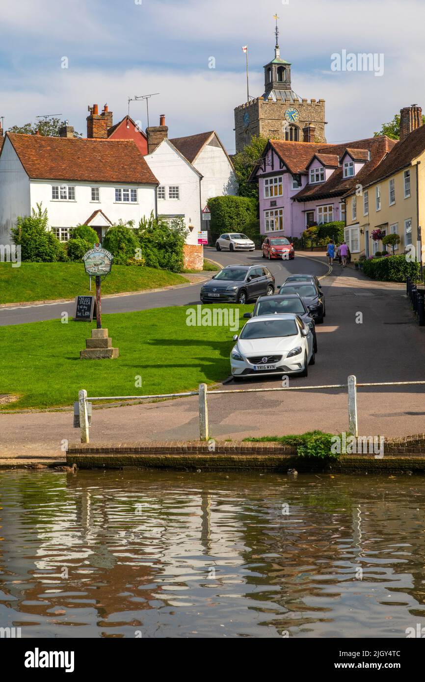 Essex, UK - September 6th 2021:A view in the beautiful village of Finchingfield in Essex, UK.  The tower of St. John the Baptist church is in the dist Stock Photo