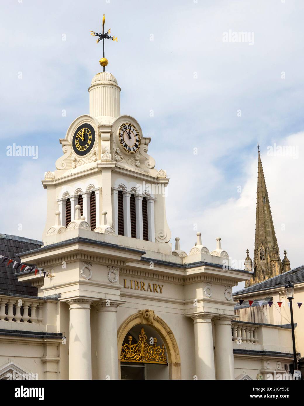 Essex, UK - September 6th 2021: Library building and the spire of St. Marys Church in the historic market town of Saffron Walden in Essex, UK. Stock Photo