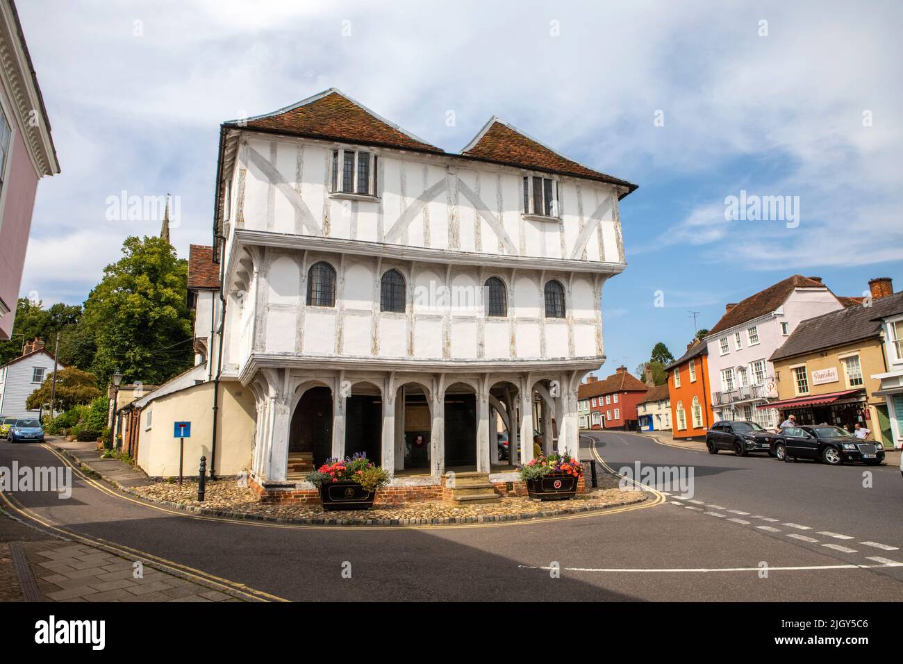 Essex, UK - September 6th 2021: A view of the historic Thaxted Guildhall, in the picturesque town of Thaxted in Essex, UK.  The spire of Thaxted Paris Stock Photo