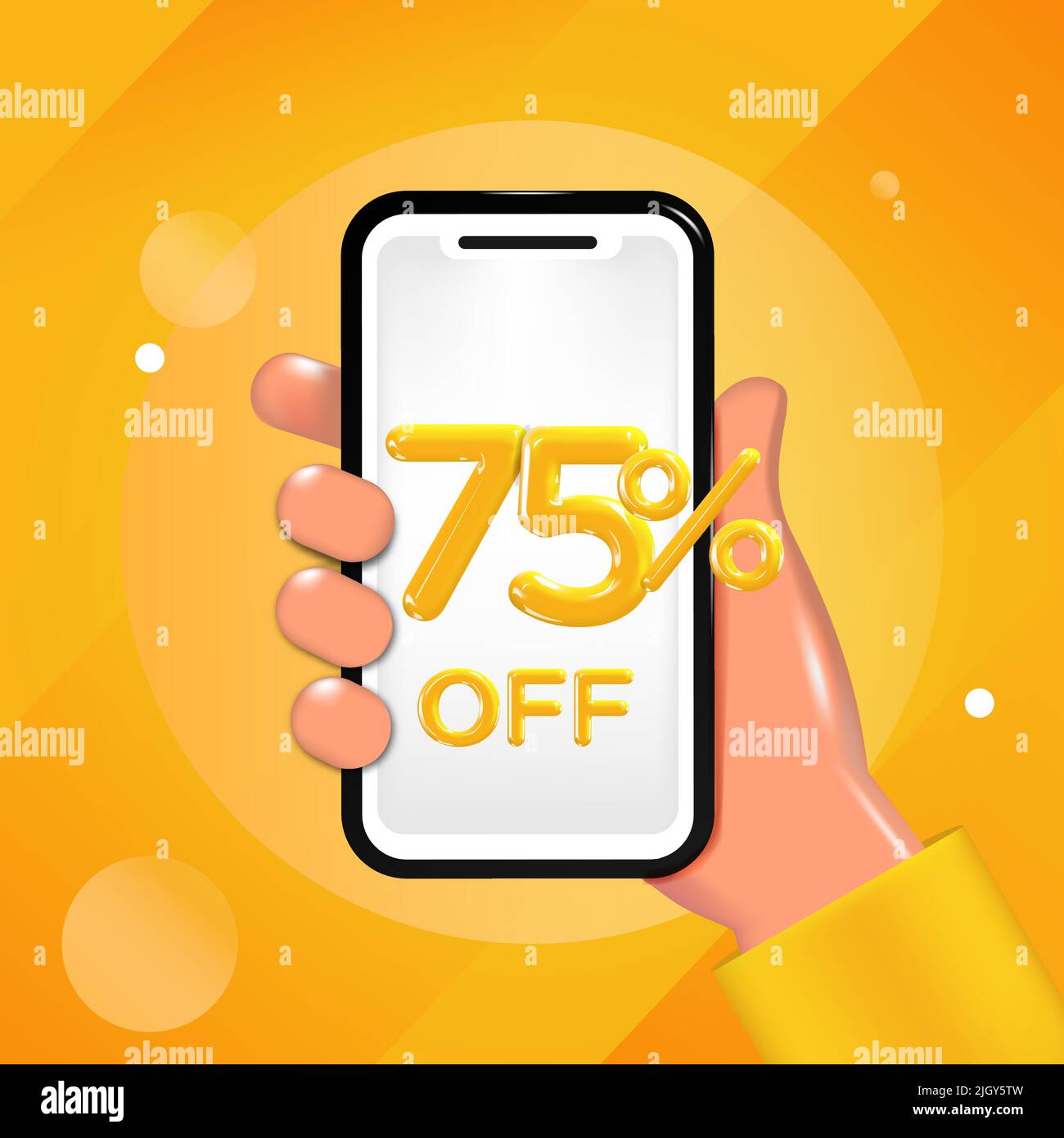 75 or Seventy Five percent off design. Hand holding a mobile phone with an offer message. Special discount promotion, sale poster template. Stock Vector