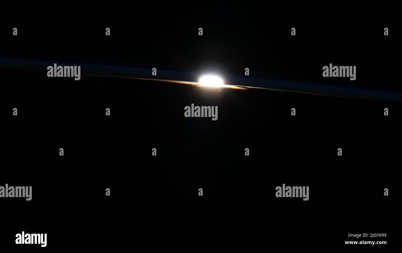 Earth Atmosphere. 10th June, 2022. The last rays of an orbital sunset burst through Earth's horizon as the International Space Station flew 258 miles above Brazil in this image from June 2022. In 24 hours, the space station makes 16 orbits of Earth, traveling through 16 sunrises and sunsets. Want more station facts? Visit International Space Station Facts and Figures. Credit: NASA/ZUMA Press Wire Service/ZUMAPRESS.com/Alamy Live News Stock Photo