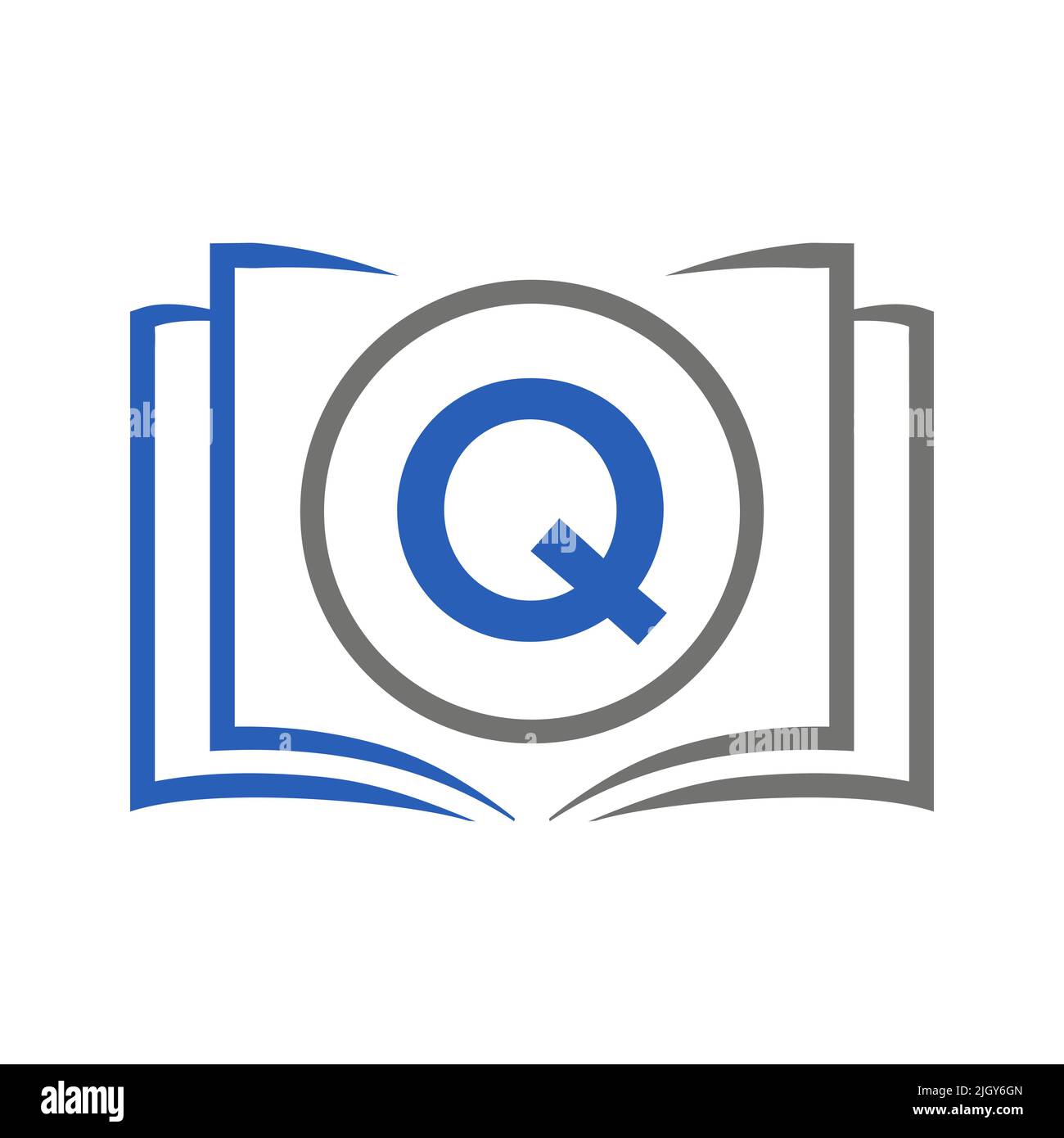 Education Logo On Letter Q Template. Open Book Logo On Q Letter, Initial Educational Sign Concept Template Stock Vector
