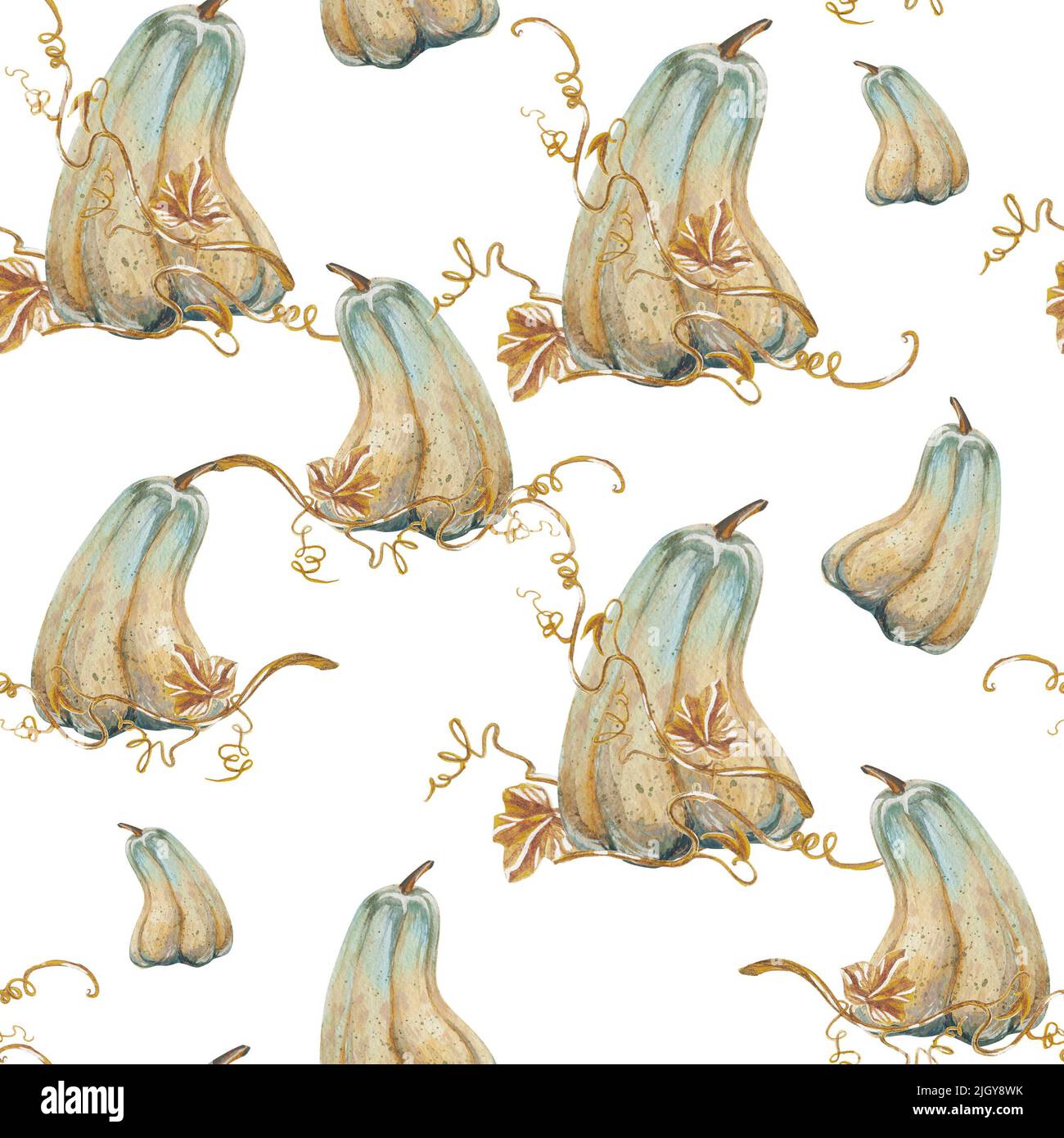 Pumpkins with leaves and vine watercolor seamless background pattern ...