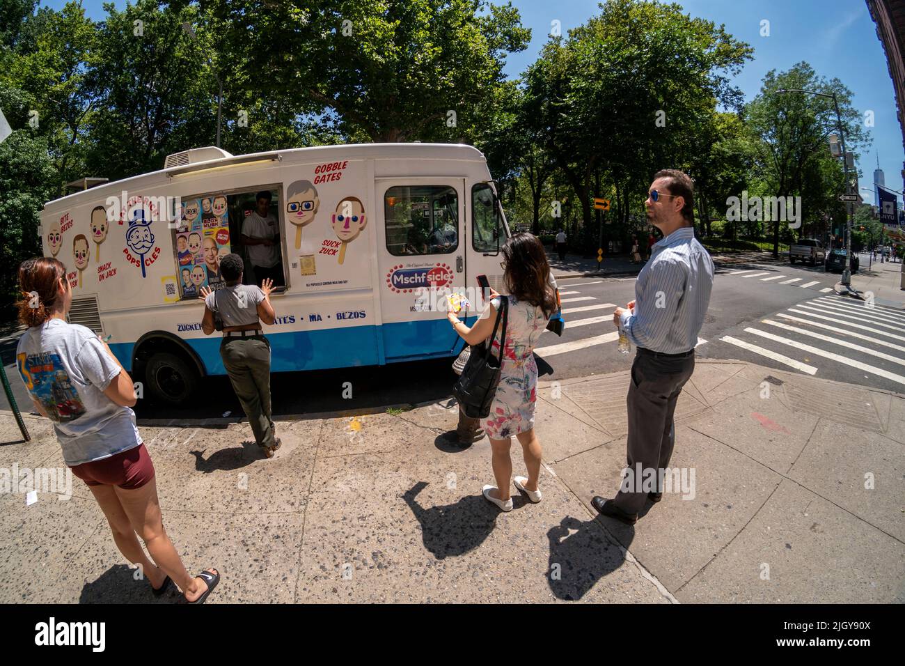 The “Eat The Rich” repurposed ice cream truck, parked in Greenwich
