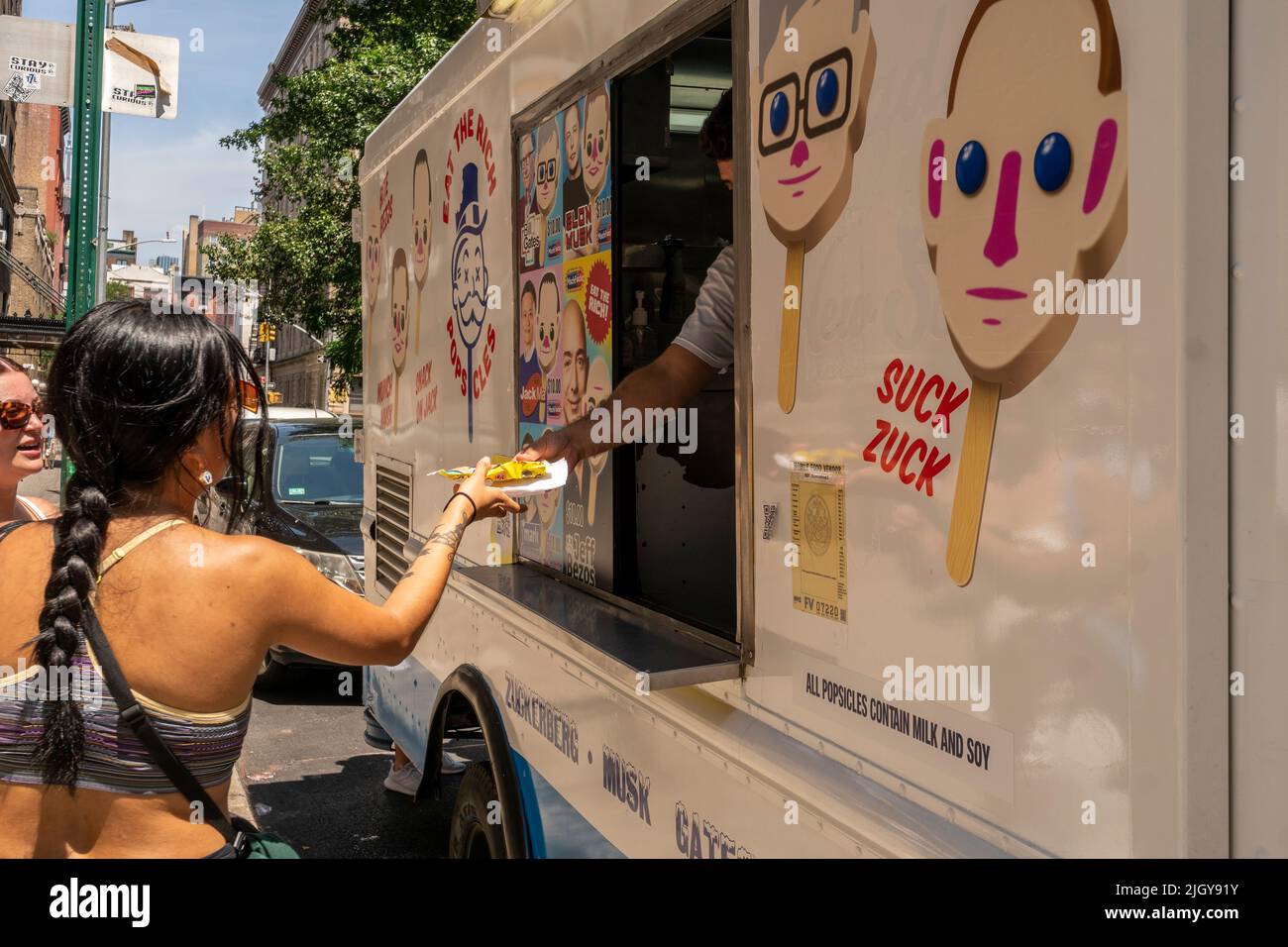 The “Eat The Rich” repurposed ice cream truck, parked in Greenwich
