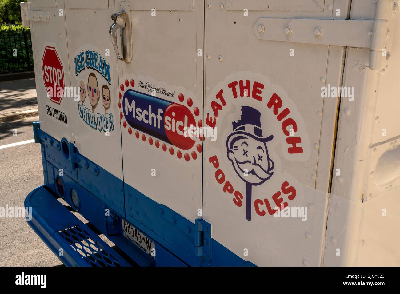 The “Eat The Rich” repurposed ice cream truck, parked in Greenwich