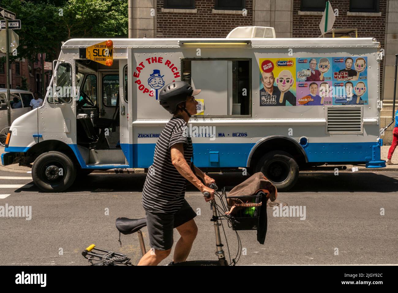 The “Eat The Rich” repurposed ice cream truck, parked in Greenwich