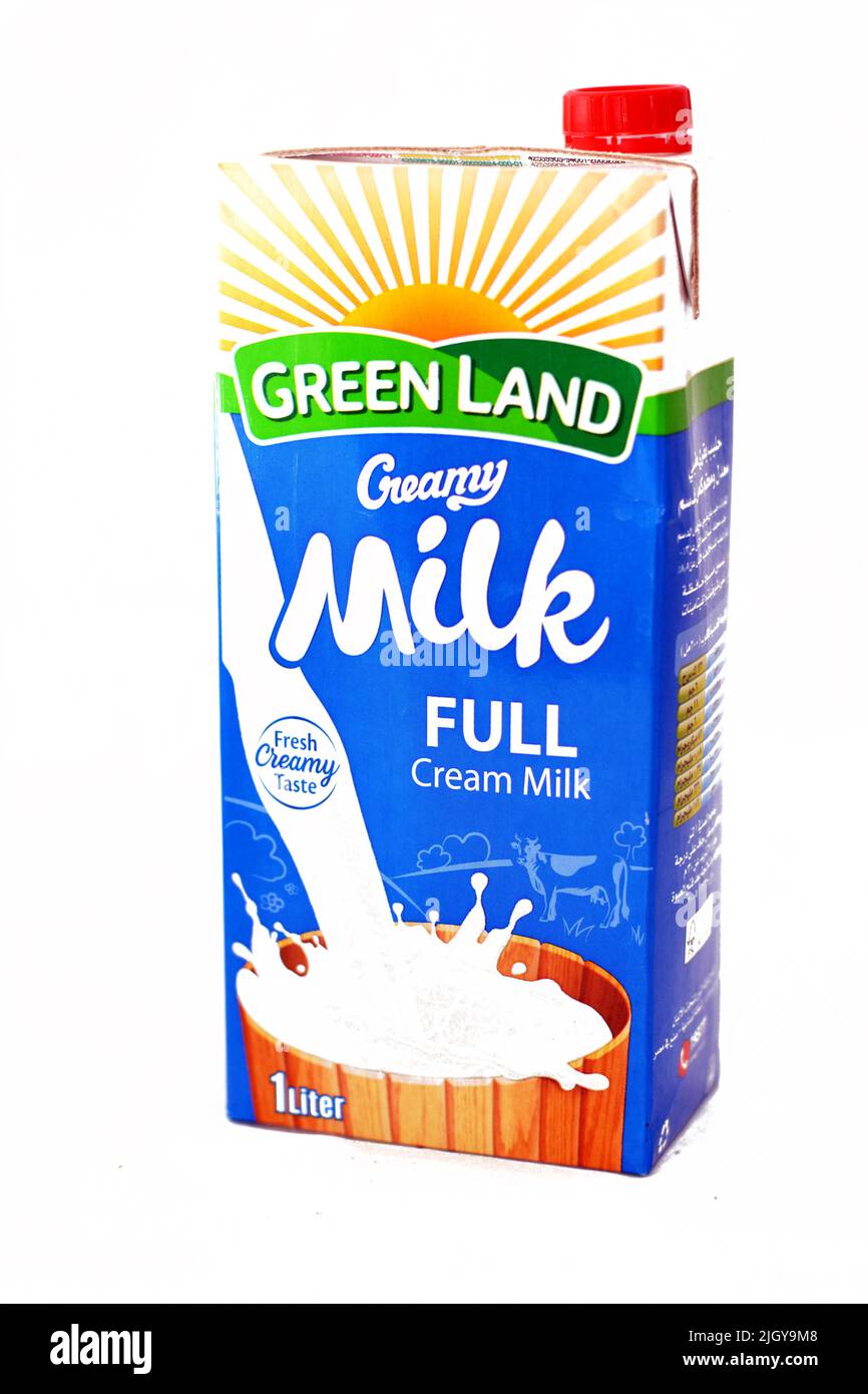 Cairo, Egypt, May 24 2022: GreenLand full fat creamy fresh cow's milk of 1 one liter container with nutrients and minerals, selective focus of natural Stock Photo