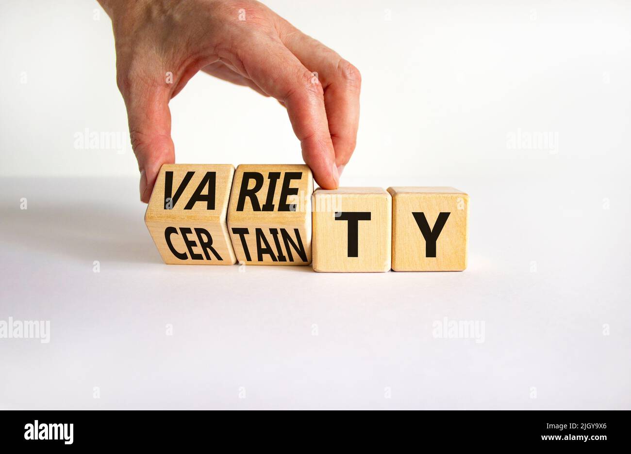 Variety or certainty symbol. Concept words Variety or certainty on wooden cubes. Businessman hand. Beautiful white table white background. Business va Stock Photo